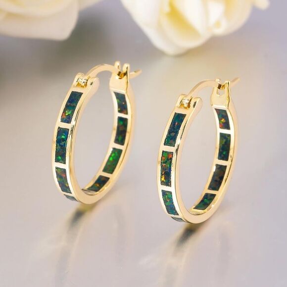 14K Yellow Gold with Genuine Black Fire Opal Round Latch Back Hoop Earrings - Picture 2 of 5